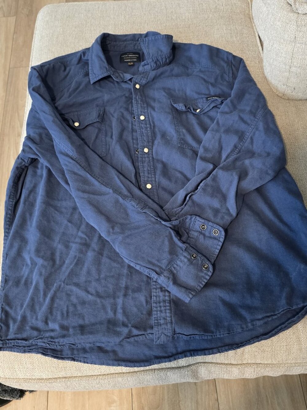 LUCKY BRAND Mens XL Medium Wash Chambray Denim Pearl Snap Button Western Shirt